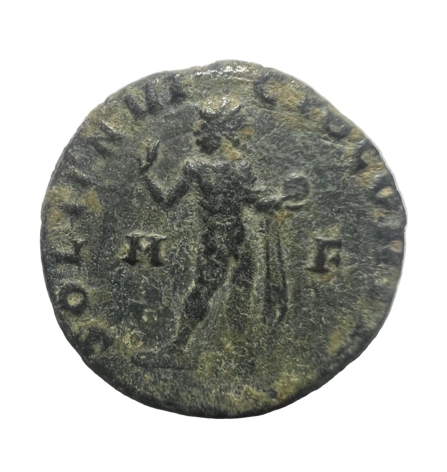 Ancient coin with inscriptions on a white background
