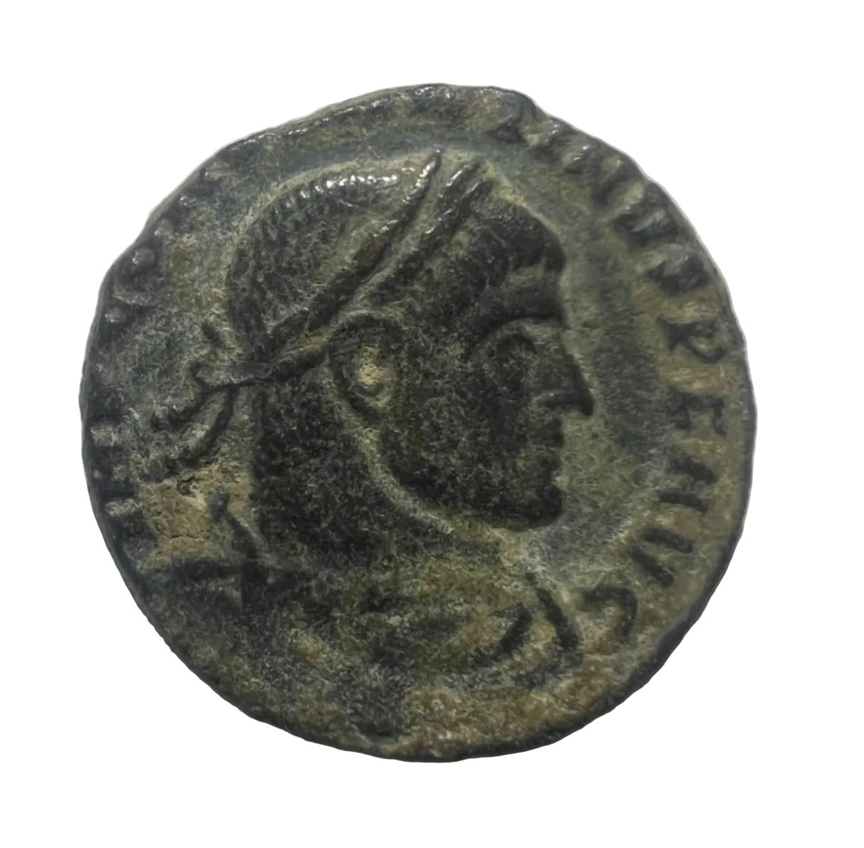 Ancient coin with a profile of a person wearing a helmet on a white background