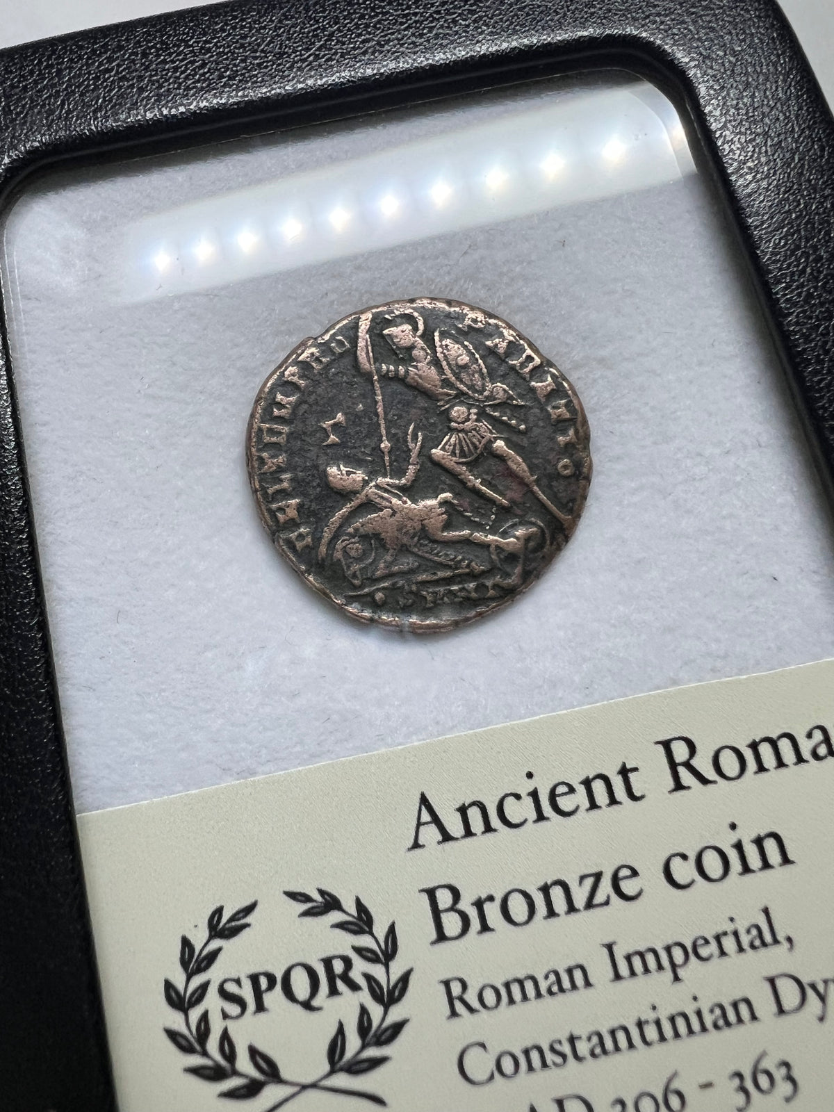 Genuine Ancient Roman Coin In Display Case (Fallen Horseman Cleaned Coin)