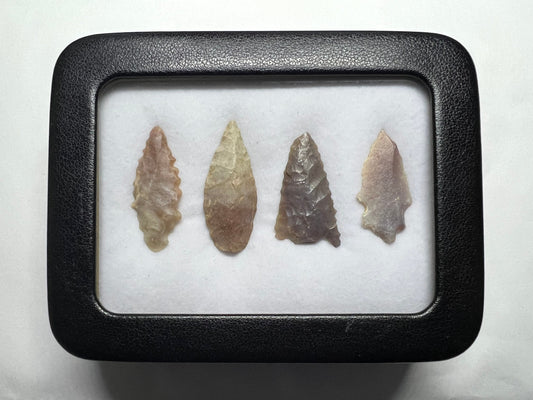 4x Stone Age Ancient Neolithic Stone Arrowheads in Display Case
