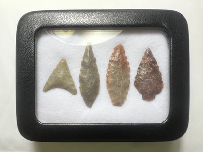 4x Stone Age Ancient Neolithic Stone Arrowheads in Display Case