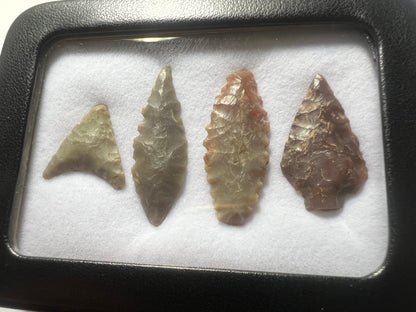 4x Stone Age Ancient Neolithic Stone Arrowheads in Display Case