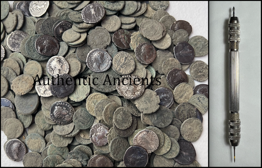 10x High Quality Uncleaned Ancient Roman Coins (Silver coin included) + Cleaning Tool