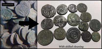 10x High Quality Uncleaned Ancient Roman Coins (Silver coin included) + Cleaning Tool